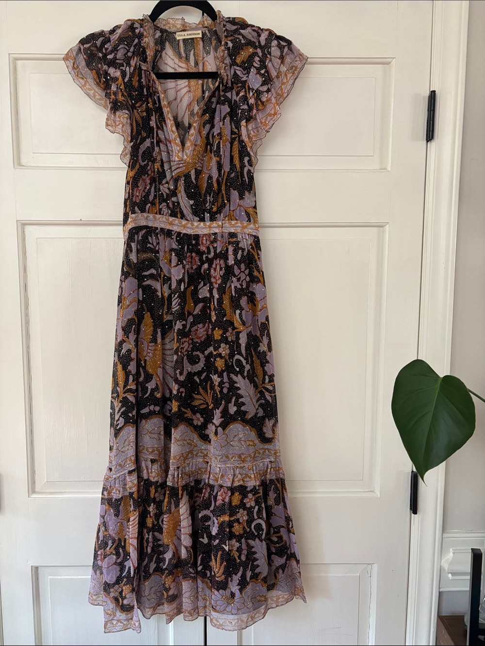 Ulla Johnson RARE Celestia‎ Ruffled Printed Midi Dress Midnight Size 0 Metallic - Picture 5 of 17